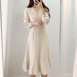 One Piece Korean Pleated Dress New Spring Long Sleeve Slim Woman Sweater Dresses Knitted Vintage Elegant Midi Party Dress