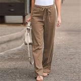 Women Summer Long Trousers Vintage Cotton Linen Solid Color Pants Casual Elastic Waist Party Female Palazzo Plus Size