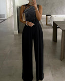 Nukty Women Studded Cutout Ruched Wide Leg Jumpsuit New Elegant Round Neck Sleeveless Long Pants Office Lady Casual Clothing New