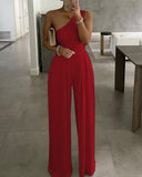 Nukty Women Studded Cutout Ruched Wide Leg Jumpsuit New Elegant Round Neck Sleeveless Long Pants Office Lady Casual Clothing New