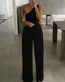 Nukty Women Studded Cutout Ruched Wide Leg Jumpsuit New Elegant Round Neck Sleeveless Long Pants Office Lady Casual Clothing New