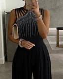 Nukty Women Studded Cutout Ruched Wide Leg Jumpsuit New Elegant Round Neck Sleeveless Long Pants Office Lady Casual Clothing New