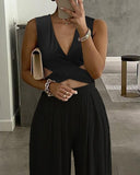 Nukty Women Studded Cutout Ruched Wide Leg Jumpsuit New Elegant Round Neck Sleeveless Long Pants Office Lady Casual Clothing New