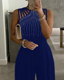 Nukty Women Studded Cutout Ruched Wide Leg Jumpsuit New Elegant Round Neck Sleeveless Long Pants Office Lady Casual Clothing New