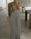 Nukty Women Studded Cutout Ruched Wide Leg Jumpsuit New Elegant Round Neck Sleeveless Long Pants Office Lady Casual Clothing New