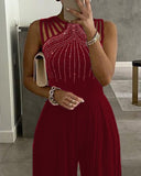 Nukty Women Studded Cutout Ruched Wide Leg Jumpsuit New Elegant Round Neck Sleeveless Long Pants Office Lady Casual Clothing New