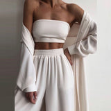 NUKTY Sexy Women Three Piece Sets Fashion Casual Wrap Solid Tops And Wide Leg Pants Suits Homewear Elegant Soft Female 3 Piece Outfits