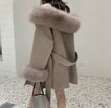 Luxury Oversized Real Cashmere Blend Coat Women Winter Wool Hooded Cardigan Jacket With Genuine Fox Fur Collar