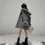 Luxury Oversized Real Cashmere Blend Coat Women Winter Wool Hooded Cardigan Jacket With Genuine Fox Fur Collar