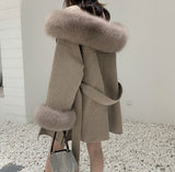 Luxury Oversized Real Cashmere Blend Coat Women Winter Wool Hooded Cardigan Jacket With Genuine Fox Fur Collar