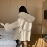 Luxury Oversized Real Cashmere Blend Coat Women Winter Wool Hooded Cardigan Jacket With Genuine Fox Fur Collar