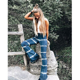 NUKTY Summer Women Casual Flare Pants Milk Silk High Waist Sexy Wide Leg Elastic Stripe Trousers Fashion Soft Stretchy Loose Bottoms