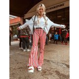 NUKTY Summer Women Casual Flare Pants Milk Silk High Waist Sexy Wide Leg Elastic Stripe Trousers Fashion Soft Stretchy Loose Bottoms