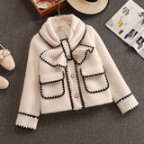 Nukty High Quality Women White Bow Mink Jacket Coat For Female Slim Patchwork Pocket Outerwear Ladies Wool Short Coat Winter Clothes