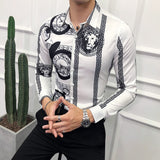 M-6XL Gold Luxury High-end Fashion Printed Men's Casual Long-sleeved Shirt Performance Stage Banquet Male Slim Shirt