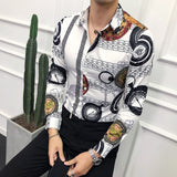 M-6XL Gold Luxury High-end Fashion Printed Men's Casual Long-sleeved Shirt Performance Stage Banquet Male Slim Shirt