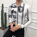 M-6XL Gold Luxury High-end Fashion Printed Men's Casual Long-sleeved Shirt Performance Stage Banquet Male Slim Shirt