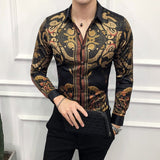 M-6XL Gold Luxury High-end Fashion Printed Men's Casual Long-sleeved Shirt Performance Stage Banquet Male Slim Shirt