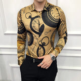 M-6XL Gold Luxury High-end Fashion Printed Men's Casual Long-sleeved Shirt Performance Stage Banquet Male Slim Shirt