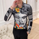 M-6XL Gold Luxury High-end Fashion Printed Men's Casual Long-sleeved Shirt Performance Stage Banquet Male Slim Shirt