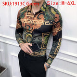 M-6XL Gold Luxury High-end Fashion Printed Men's Casual Long-sleeved Shirt Performance Stage Banquet Male Slim Shirt