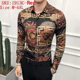 M-6XL Gold Luxury High-end Fashion Printed Men's Casual Long-sleeved Shirt Performance Stage Banquet Male Slim Shirt