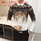 M-6XL Gold Luxury High-end Fashion Printed Men's Casual Long-sleeved Shirt Performance Stage Banquet Male Slim Shirt