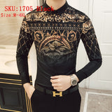 M-6XL Gold Luxury High-end Fashion Printed Men's Casual Long-sleeved Shirt Performance Stage Banquet Male Slim Shirt