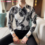 M-6XL Gold Luxury High-end Fashion Printed Men's Casual Long-sleeved Shirt Performance Stage Banquet Male Slim Shirt