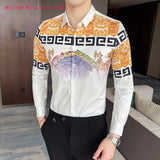 M-6XL Gold Luxury High-end Fashion Printed Men's Casual Long-sleeved Shirt Performance Stage Banquet Male Slim Shirt