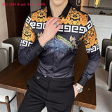 M-6XL Gold Luxury High-end Fashion Printed Men's Casual Long-sleeved Shirt Performance Stage Banquet Male Slim Shirt