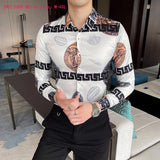 M-6XL Gold Luxury High-end Fashion Printed Men's Casual Long-sleeved Shirt Performance Stage Banquet Male Slim Shirt