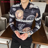 M-6XL Gold Luxury High-end Fashion Printed Men's Casual Long-sleeved Shirt Performance Stage Banquet Male Slim Shirt