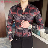 M-6XL Gold Luxury High-end Fashion Printed Men's Casual Long-sleeved Shirt Performance Stage Banquet Male Slim Shirt