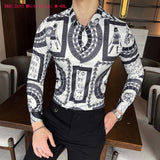 M-6XL Gold Luxury High-end Fashion Printed Men's Casual Long-sleeved Shirt Performance Stage Banquet Male Slim Shirt