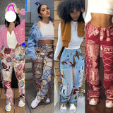 Nukty Tassel Patchwork Striped Print Jogger Pant Women Rave Festival Clothing Summer Casual High Waist Bodycon Active Sweat Pants