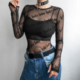 Rosetic Tees Women T-shirt Casual Gothic Punk Mesh Tops Transparent Black Tshirt Summer Streetwear Goth Top Tees 11 Styles