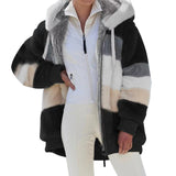 Winter Women's Jacket Plush Patchwork Zipper Pocket Hooded Jacket Fur Woman Coat Plus Size Thick Warm Women Top Winter Outerwear