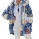 Winter Women's Jacket Plush Patchwork Zipper Pocket Hooded Jacket Fur Woman Coat Plus Size Thick Warm Women Top Winter Outerwear