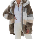 Winter Women's Jacket Plush Patchwork Zipper Pocket Hooded Jacket Fur Woman Coat Plus Size Thick Warm Women Top Winter Outerwear