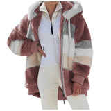 Winter Women's Jacket Plush Patchwork Zipper Pocket Hooded Jacket Fur Woman Coat Plus Size Thick Warm Women Top Winter Outerwear