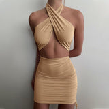 Nukty Summer Women's Dress Sexy Halter Skinny Mini Dresses for Women Pleated Cut Out Backless Sundress Solid Color Outfits NEW