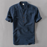 Helisopus Men Casual Cotton Linen Shirts Summer Brand Short Sleeve Shirt Mandarin Collar Solid Color Retro Shirt Tees