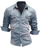 Denim Shirt Mens Cotton Jeans Shirt Fashion Autumn Slim Long Sleeve Cowboy Shirts Stylish Wash Slim Tops Dress