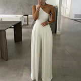 Nukty Sexy Women One Shoulder Solid Jumpsuit Spring Elegant Wide Leg Pants Playsuit Summer Sleeveless Loose Beach Overalls Romper