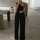 Nukty Sexy Women One Shoulder Solid Jumpsuit Spring Elegant Wide Leg Pants Playsuit Summer Sleeveless Loose Beach Overalls Romper