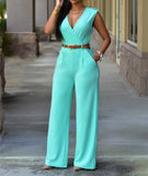 NUKTY Women Jumpsuit Lady Sleeveless Romper Bodysuit Bodycon High-waist V-neck Wide-leg Pants Irregular Suit With Belt Playsuit