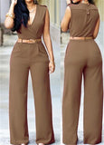 NUKTY Women Jumpsuit Lady Sleeveless Romper Bodysuit Bodycon High-waist V-neck Wide-leg Pants Irregular Suit With Belt Playsuit