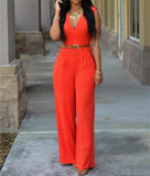 NUKTY Women Jumpsuit Lady Sleeveless Romper Bodysuit Bodycon High-waist V-neck Wide-leg Pants Irregular Suit With Belt Playsuit