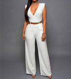 NUKTY Women Jumpsuit Lady Sleeveless Romper Bodysuit Bodycon High-waist V-neck Wide-leg Pants Irregular Suit With Belt Playsuit